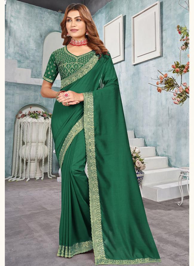 Vichitra Blooming Bottle Green Festival Wear Embroidery Work Saree